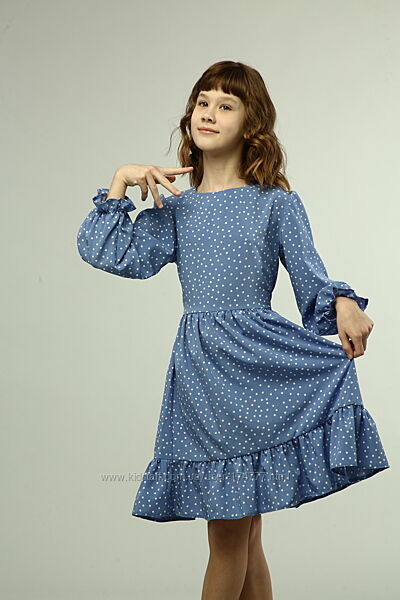 Дитяче плаття в горошок блакитне на весну літо розмір 128,134