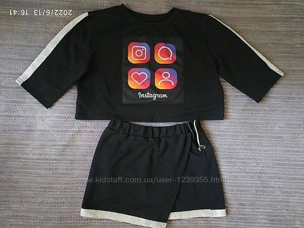 Стильный костюм девочке инстаграм укороченный топ и юбка-шорты 140-150см