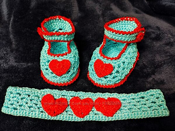 Ажурні вязані пінетки і повязка для немовляти, 9-10 см, пинетки на девочку