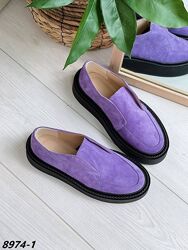 Демісезонні жіночі туфлі лофери фіолетові замша  Код 8974-1 