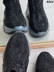 Високі жіночі кросівки чорні текстильні  Код 9354 