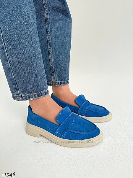 Демісезонні жіночі туфлі лофери сині замшеві  Код 11548 