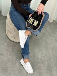 Круті прошиті кеди натуральна шкіра/замша на бежевій підошві Код 17120