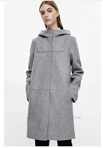 Пальто с капюшоном из шерсти COS серый XS