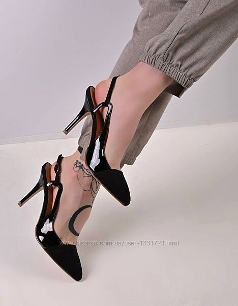 Туфлі жіночі на шпильці на каблуку чорні замшеві лакові 