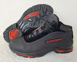 Jordan зимние мужские кроссовки натуральная кожа мех ботинки черные с красн