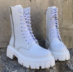 Balenciaga Tractor Женские зимние кожаные ботинки белого цвета на шнуровке