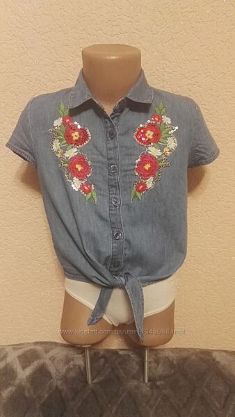 Блуза летняя легкая джинсовая 100 хлопок для девочки 9лет, рос т 134см от b
