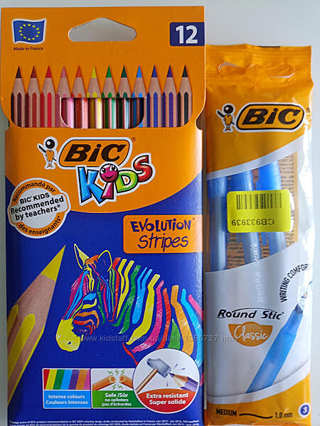 Набор карандаши BIC Evolution Stripers 12 цв.  3 ручки BIC Round stick