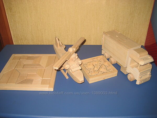 Деревянные игрушки - головоломка, вертолет, лабиринт, грузовик