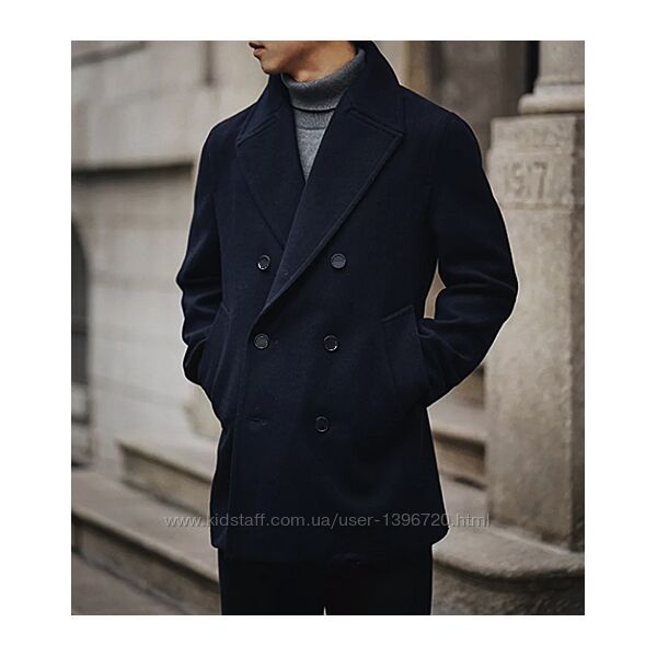 Мужское пальто классическое темно-синее двубортное плотное шерстяное