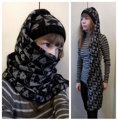 Шапка - шарф 2в1 черный с серебром шапка-шарф шерстяной