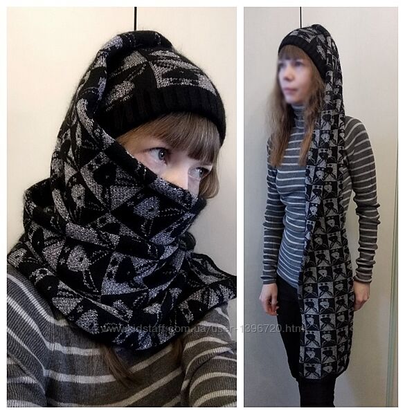 Шапка - шарф 2в1 черный с серебром шапка-шарф шерстяной