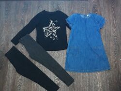 Комплект на девочку 7-8 лет платье джинсовое, лонгслив, леггинсы