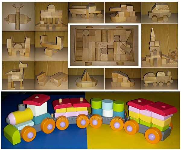 Лот іграшки Деревяний поїзд паровозик Cubika Конструктор великі блоки