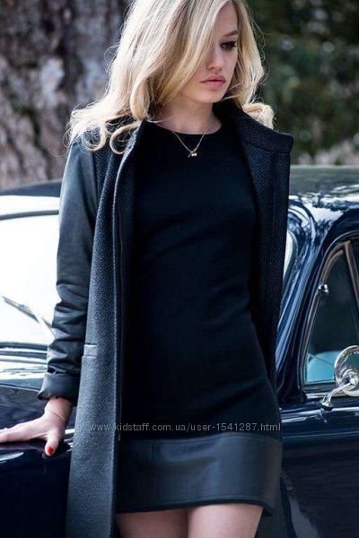 Тёплое чёрное трикотажное платье sisley с кожаными вставками