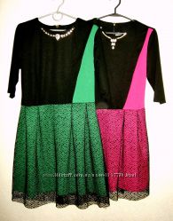 Платье чёрное зелёное малиновое юбка с сеткой трикотаж 46 М Италия