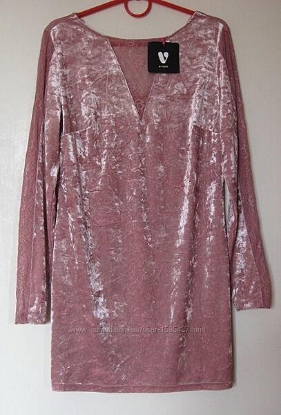 Вечернееe платье из розового мятого стрейч-велюра с кружевом By very