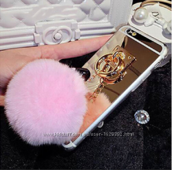 Зеркальный золотой чехол с розовым помпоном iphone 5 5S 5SE