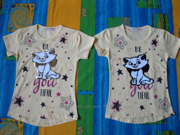 Туника - футболка на девочку 110 - 146 см с котиком из паеток меняющих цвет