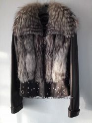 Фирменная куртка-жилет натуральная кожа с мехом чернобурки