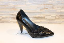 Туфли женские черные на каблуке натуральная кожа Т75