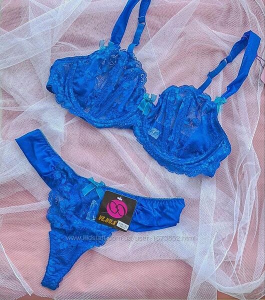 Голубой кружевной комплект белья балконет