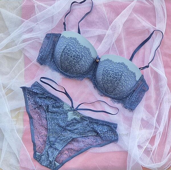 Синий комплект белья балконет