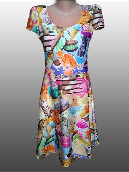 Неймовірна сукня з котиками japanla/яскраве приталене плаття міді