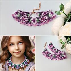 Українська прикраса подарунок для дівчинки Півонія силянка, кольє з бісеру