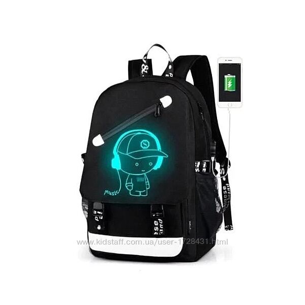 Водонепроницаемый рюкзак мusic с USB светящийся в темноте