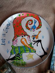 Тарелка новогодняя снеговик на подарок ручная роспись 27см
