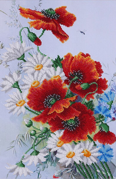 Набор для вышивки бисером  Маки и ромашки  василёк, цветы, букет, сад, частичная выкладка, Чехия, 28x43 см