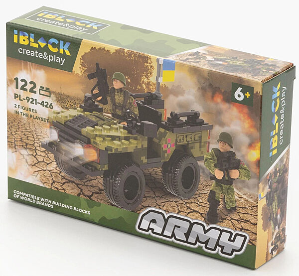 Конструктор пластиковый Бронированная машина Джип ПВО против Шахедов Lego 122 деталей iBlock Lego 22х4,5х14 см