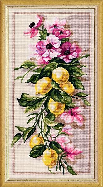 Набор для вышивки крестиком Пейзаж Лимонная ветвь Страмин с пряжей  Madeira Zweigart мулине 38х77 см
