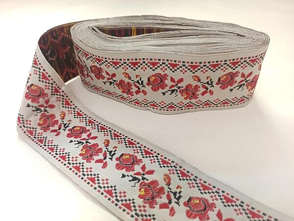Тесьма декоративная  с украинским орнаментом  Маки  В мотке 9 м. красная 5 см50 мм,  лента, текстиль,