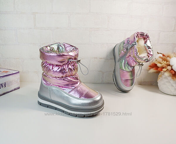Дитячі зимові дутіки для дівчинки 26 срібні чоботи черевики