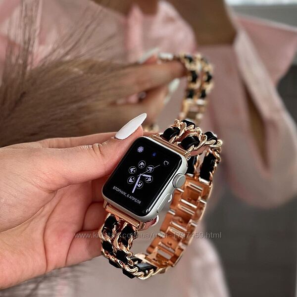 Металічний ремінець з шкіряними вставками шанель для Apple watch