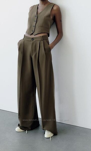Свободные широкие брюки с высокой посадкой цвета хаки zara