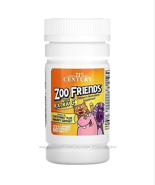 21st Century, Zoo Friends з додаванням вітаміну C, апельсин, 60 жув. табл