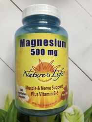 Nature&acutes Life, магний, 500 мг, 100 вегетарианских капсул, Магний В6 
