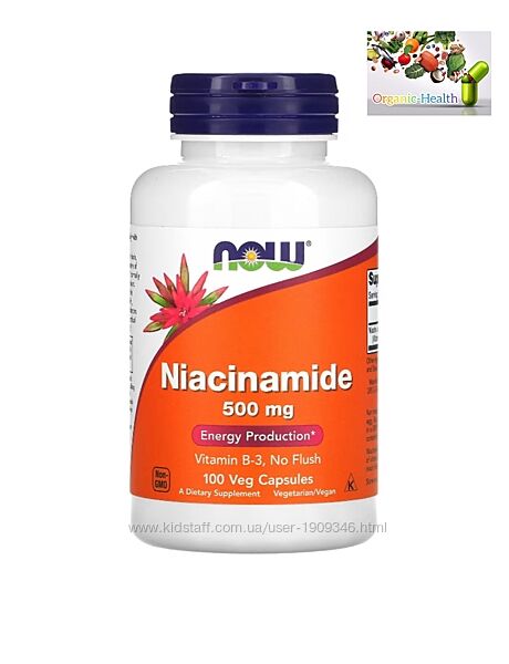 В3, Ниацин, NOW Foods, никотинамид, 500 мг, 100 вегетарианских капсул