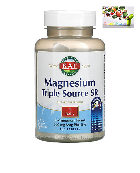 Магний В6 , KAL, Магний , Triple Source , 500 мг , 100 таблеток 