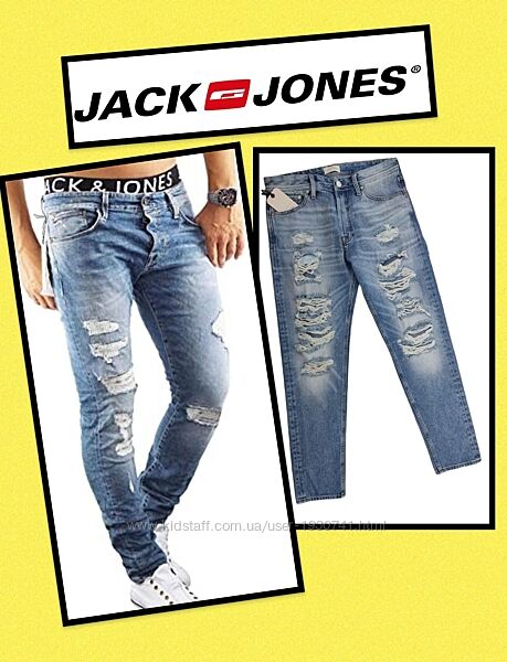 Голубые джинсы с потертостями с дырками tapered Jack&Jones