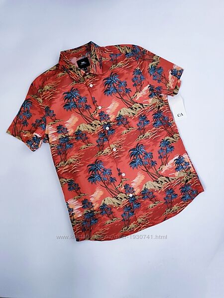 Красная цветная рубашка гавайка сорочка с коротким рукавом C&A м, 38, 46