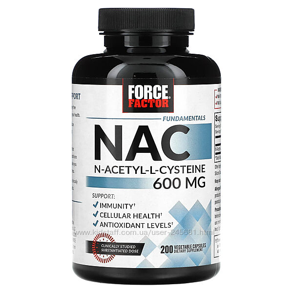 Force Factor, NAC, N-ацетил-L-цистеїн, 600 мг, 200 рослинних капсул  АЦЦ