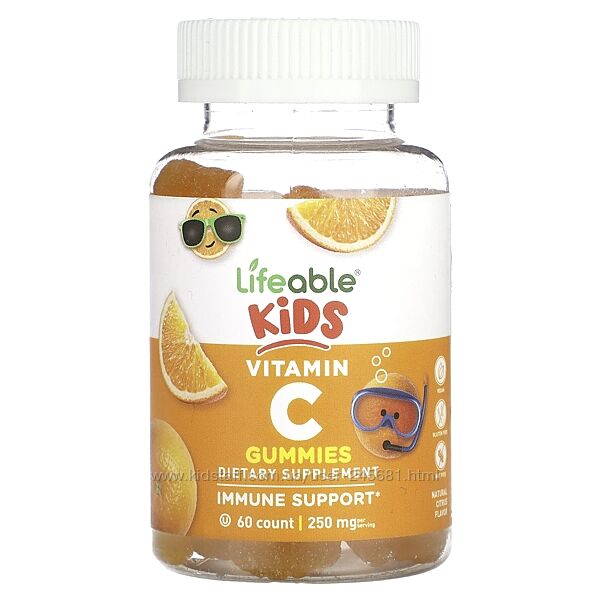 Lifeable, дитячі цукерки з вітаміном С, натуральні цитрусові,250 мг,60 шт