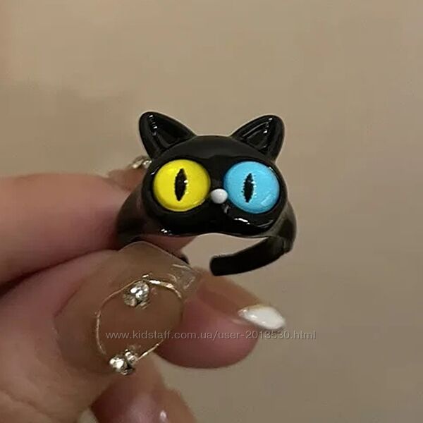 Стильное кольцо котик с жёлто-голубыми глазами, колечко, чёрное колечко