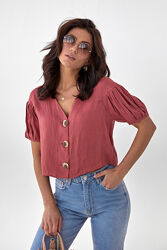 Блуза с коротким рукавом на пуговицах - бордо цвет, S