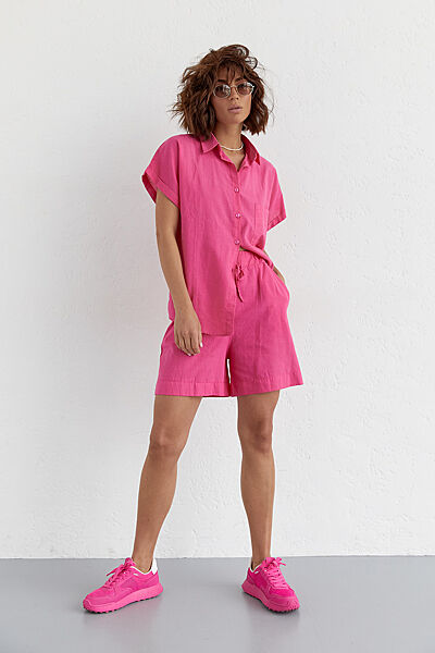 Женский летний костюм шорты и рубашка - розовый цвет, L